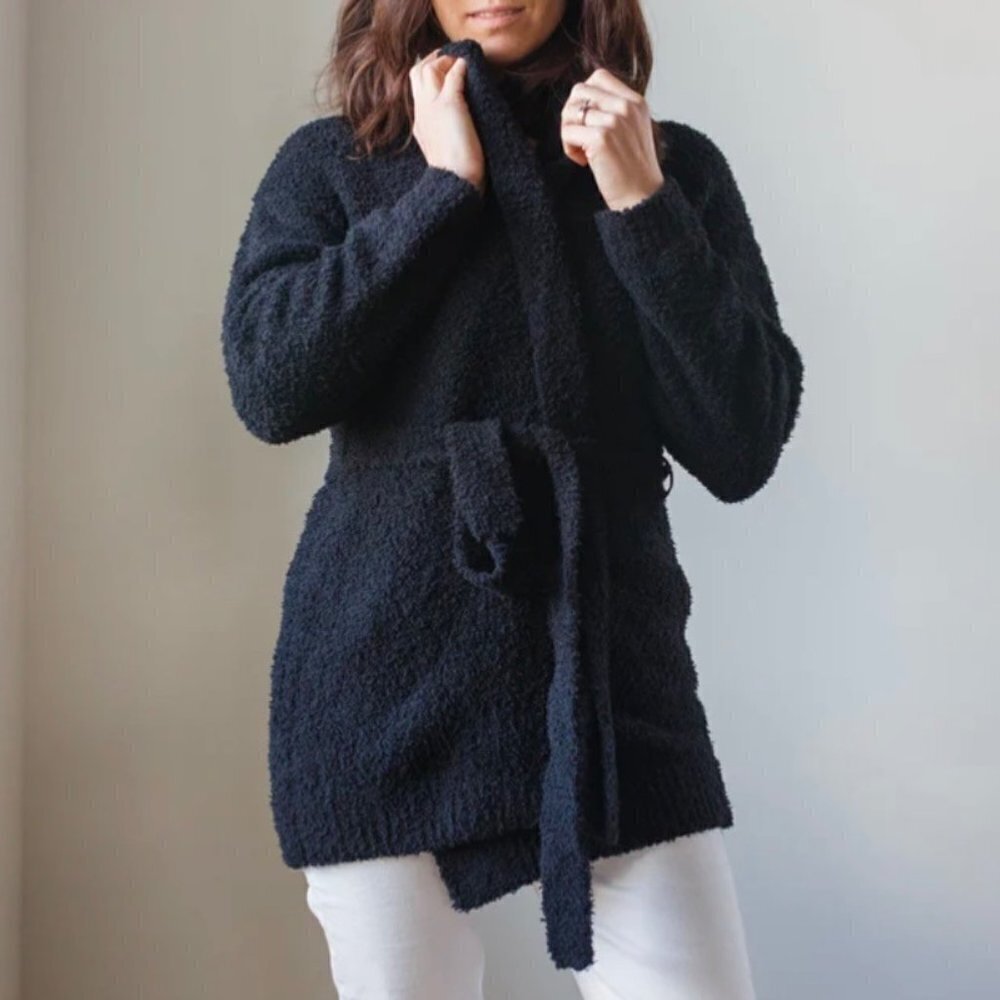 Bella Dahl Shawl Collar Cardigan Black fleece sherpa Belted Sweater Size L